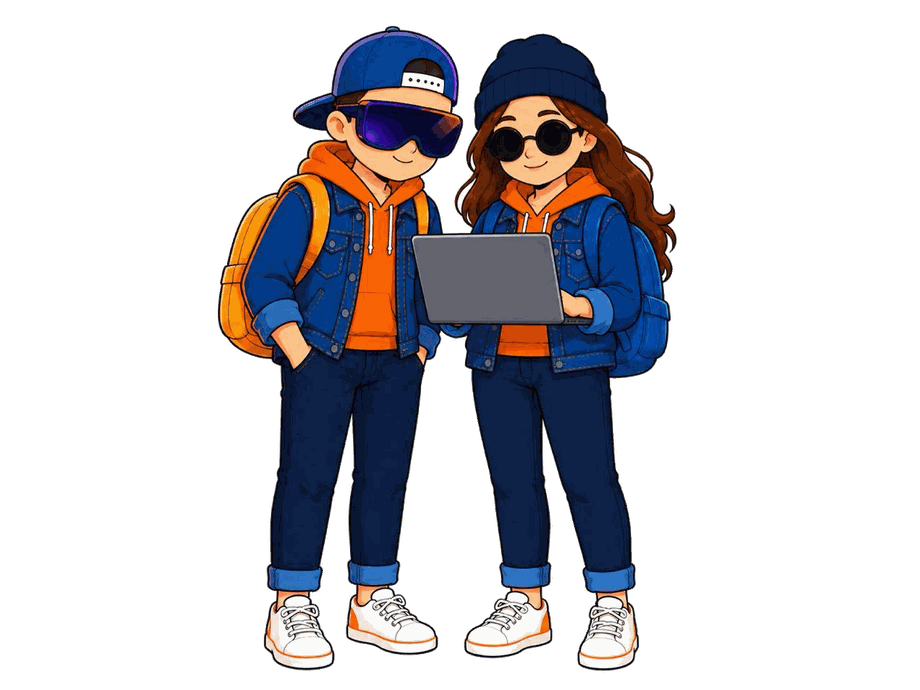 Zwei Kurs-Figuren schauen zusammen auf einen Laptop.
